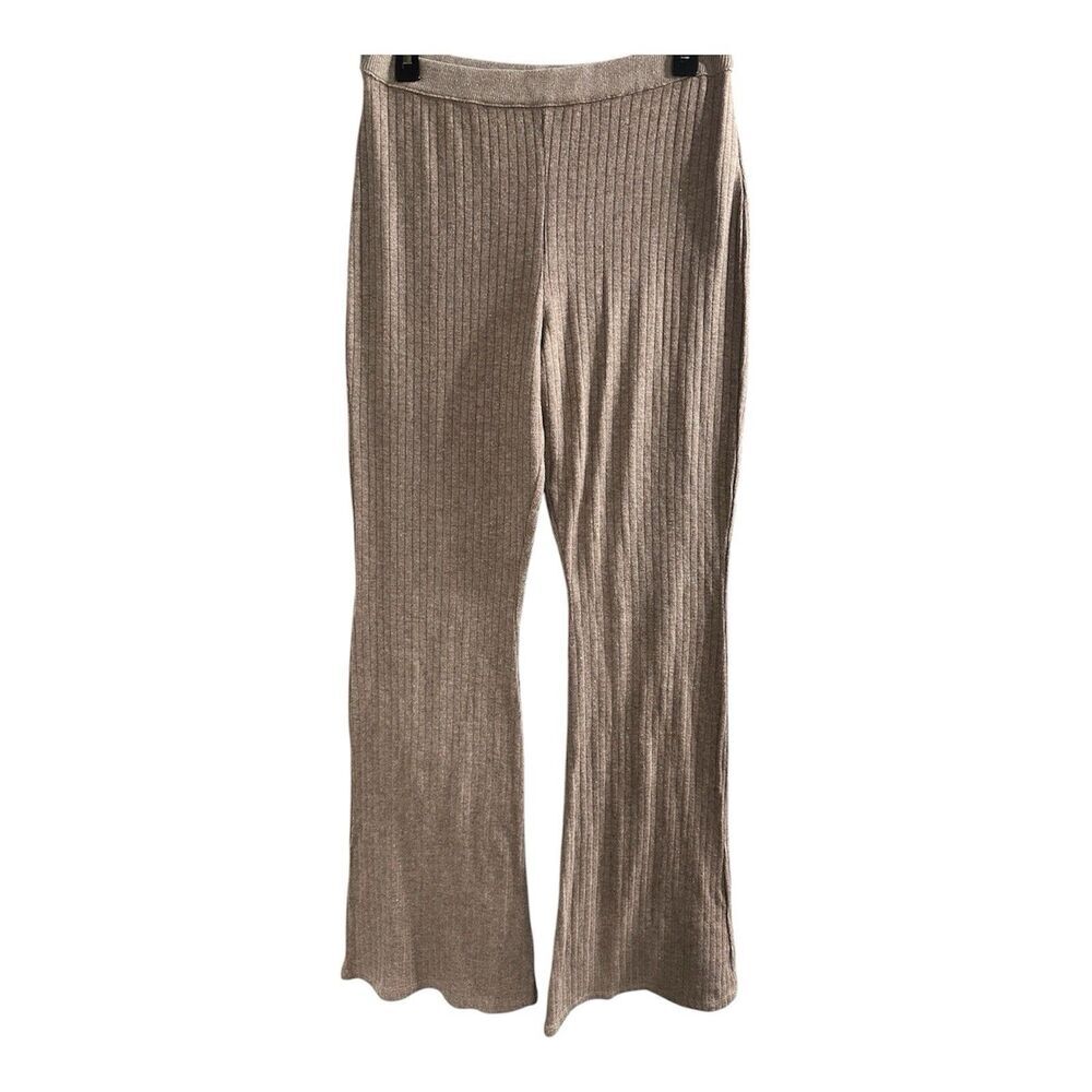 Zara Flared Ribbed Leggings High Rise‎ Medium Elastic Waist Stretch Beige Tan L